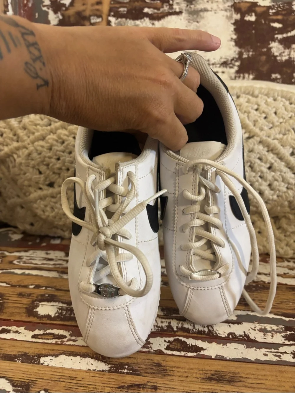 Nike White and Black Cortez-Style Low Top Sneakers